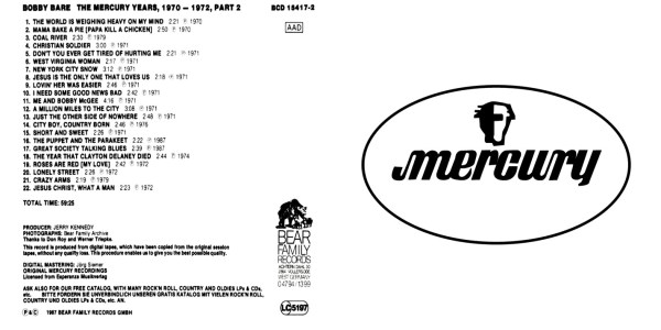 Bobby Bare - The Mercury Years 1970-1972 (1994) 3 CD SET
